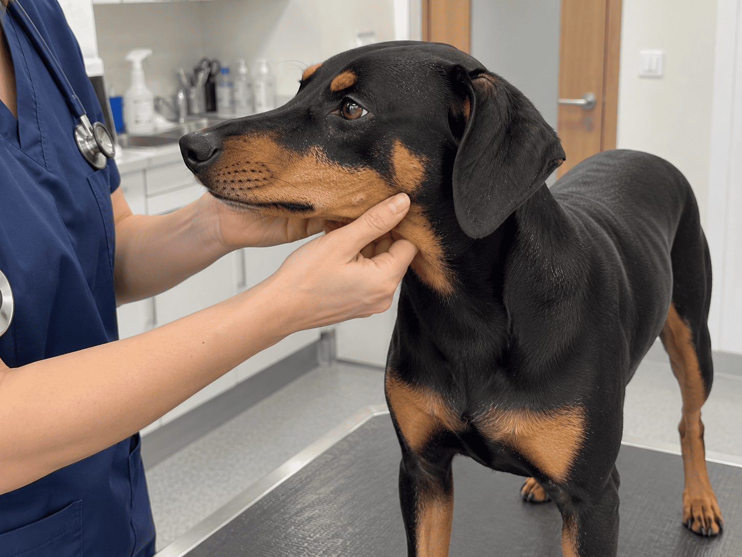 Veterinár vyšetruje papuľu nemeckého pinča na klinike